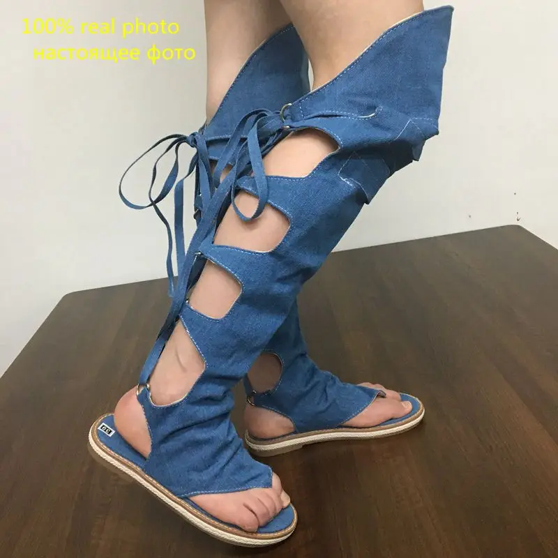 ASILETO крутые женские стринги обувь джинсовые летние сапоги на низком каблуке выше