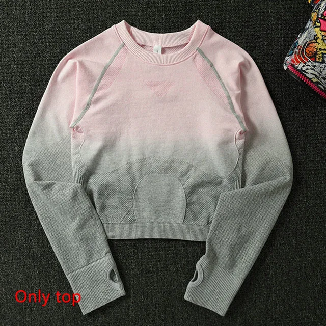 Pink top Комплект из 3 предметов для йоги, бесшовные леггинсы с эффектом омбре, спортивный бюстгальтер+ укороченный топ с длинным рукавом+ женские леггинсы для бега и спортзала, спортивный костюм с высокой талией для фитнеса - Цвет: Pink top