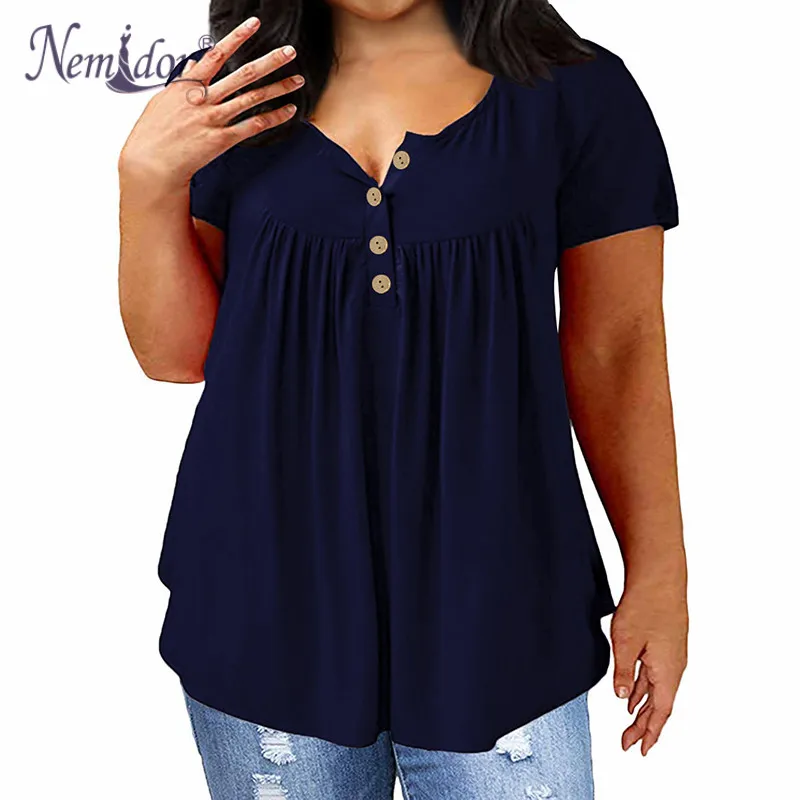 navyblue Nemidor женские свободные плиссированные футболки с коротким рукавом, повседневные летние футболки на пуговицах размера плюс - Цвет: navyblue