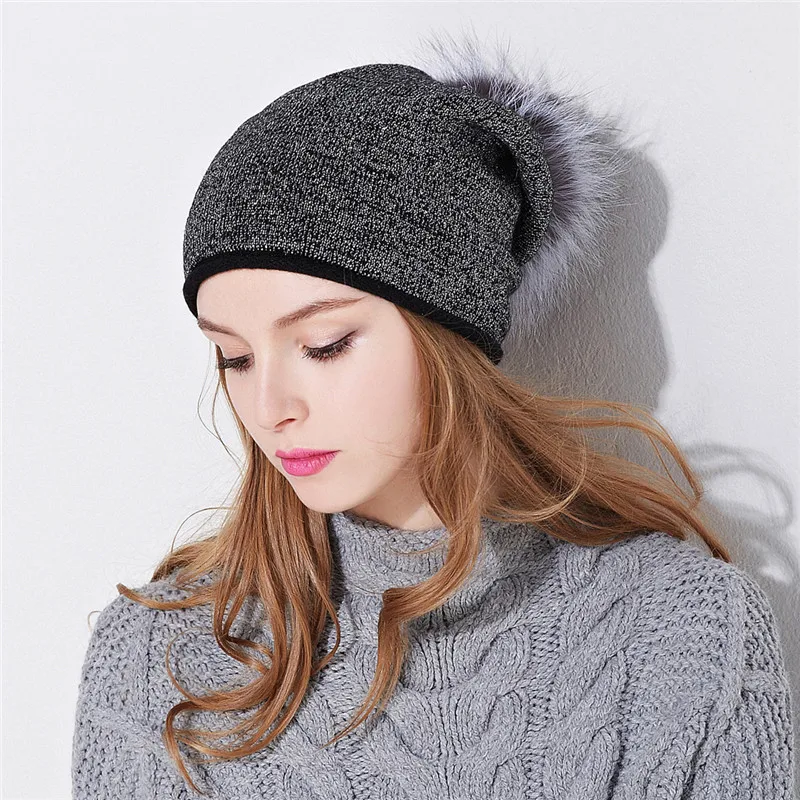 Женская шерстяная вязаная шапка с помпоном из натурального меха енота|winter hat
