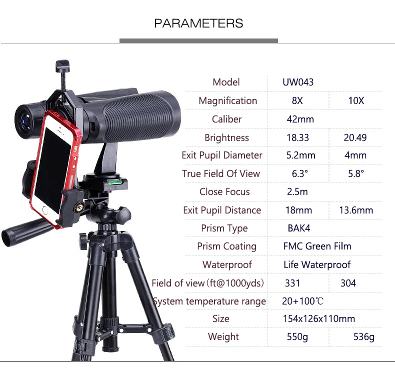 USCAMEL 8x42 10x42 компактный бинокль для наблюдения за птицами, водонепроницаемый телескоп Bak4 с азотом для путешествий, охоты, птиц