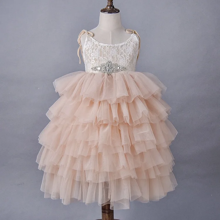 

Flower Girls Tutu Tulle Straps Party Dress Floral Lace Embroidered 5 Layer Adjustable Candy Birthday Wedding Dresses