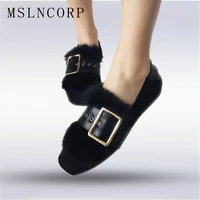 plus size 34 44 real rabbit fur slip on fashion casuals plush lady flats woman buckle shoes zapatos mujer ladies loafers shoes