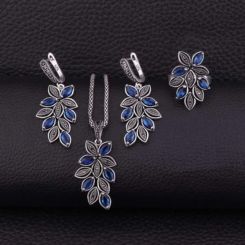 blue Sellsets, винтажные Свадебные ювелирные изделия, античное серебро, разноцветный кристалл, лист, ожерелье, серьги и кольцо, ювелирные наборы для женщин - Окраска металла: blue