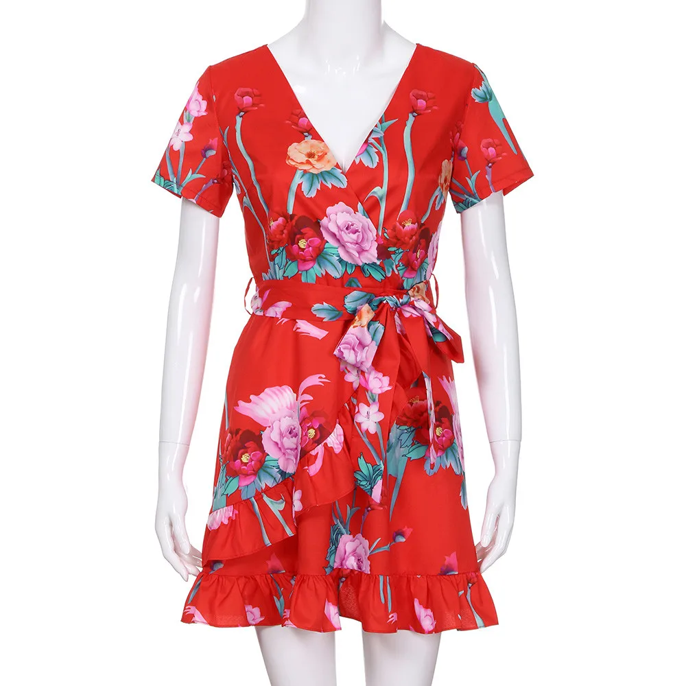 Vestidos verano 2018 женское летнее платье красное с коротким рукавом принтом и оборками