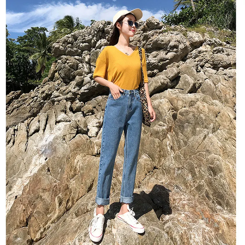 2019 spring new women's clothing high waist loose thin nine points wide leg jeans autumn solid color wild women straight trouser |