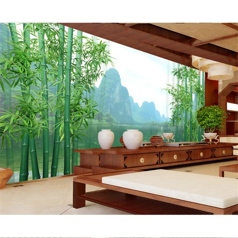 

beibehang Wallpaper Mural Custom Living Room Bedroom Bamboo Forest Spring Waterfall Water Lotus Mural Background Home Decoration