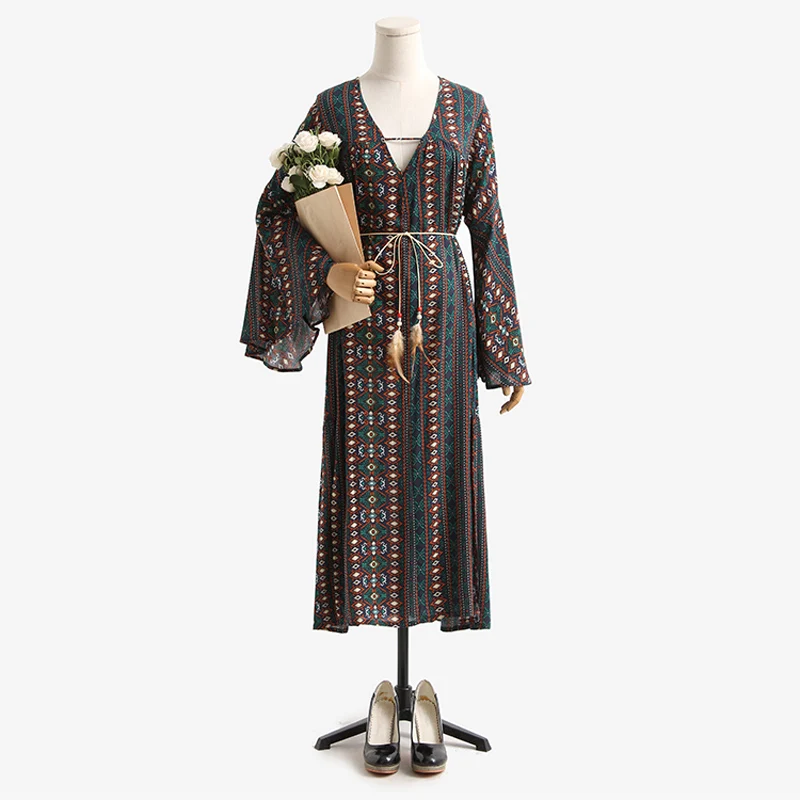 

PERHAPS U Red Green Geometric Bohemian Boho Loose Full Long Flare Sleeve V Neck Hollow Out Sash Maxi Long Dress Casual D0260