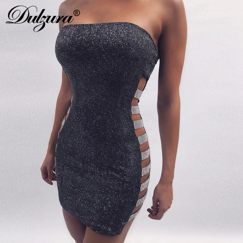 Dulzura 2019 Весна Лето Женское платье Блестящий искристый vestidos сексуальная открытая