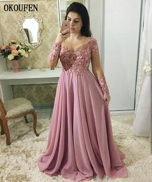 Same as Image Платья для выпускного вечера, шифоновые платья с длинными рукавами с изображением пыльной розы в арабском стиле с объемными цветами для свадебной вечеринки, vestidos de fiesta largos - Цвет: Same as Image