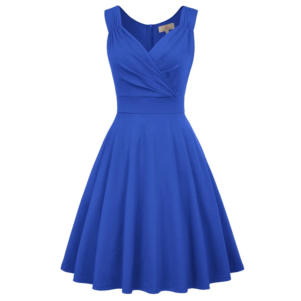 Royal Blue Роскошное плиссированное платье для женщин, одноцветное, без рукавов, v-образный вырез, с рюшами, длина до колена, расклешенное, а-силуэт, для свадьбы, подружки невесты, вечерние платья, vestido - Цвет: Royal Blue