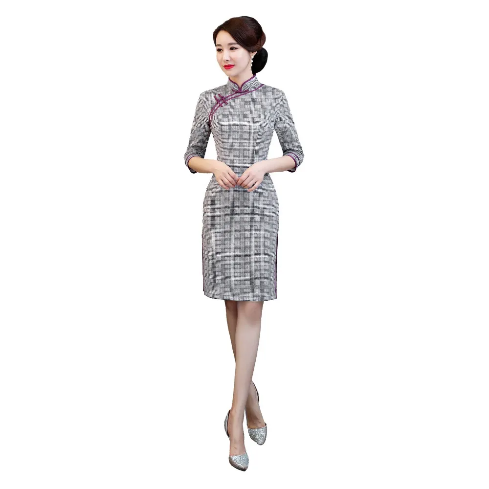 Женское Замшевое платье Qipao зимнее клетчатое до колена с рукавом 3/4|Чонсамы| |