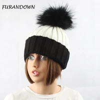 winter hats for women real mink fur pom poms patchwork knitted hat skullies beanies winter womens hat girl s wool hat