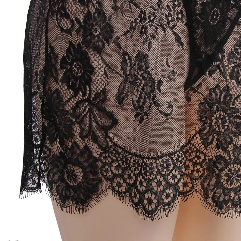 

RS80455 Camisola Sexy Lingerie Sheer Lace Nightdress M L Woman Spaghetti Strap Thin See Though Above Knee Black Lace Nightgown