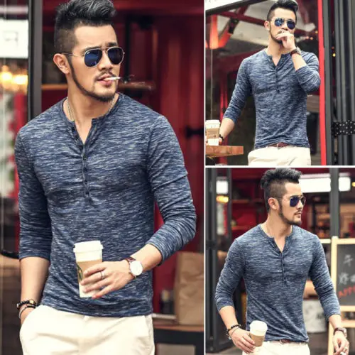 2017 Модные Мужские приталенные футболки с длинным рукавом стильная Роскошная