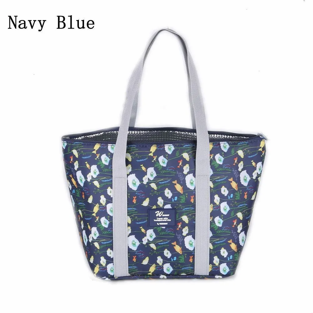 Navy blue Большой Ёмкость Портативная сумка для еды для офиса Кемпинг школьный рюкзак Еда сумка Повседневное модный принт Складная Сумка-тоут - Цвет: Navy blue