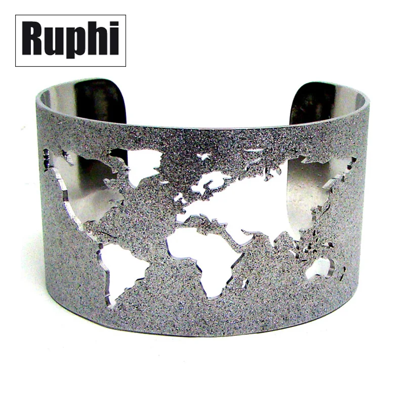 

World Map Cuff Bangle Travel Peace Jewelry Stainless Steel 40mm Wide Cut-out Glitter Embossed Circle Angle Bracelet Ornament