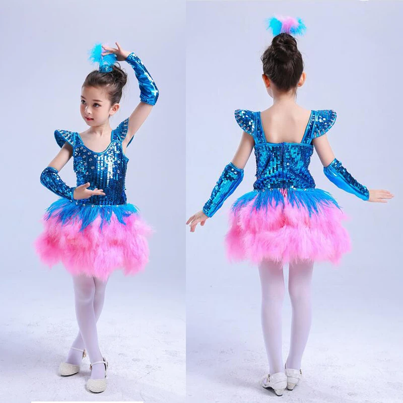 Blue Pink New kids ballroom dress dance costumes Girls Sequined jazz hip hop dancing For Child Stage Party Outfits | Тематическая