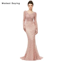romantic nude pink mermaid long sleeve pearls lace evening dresses 2018 with low back embroidery party prom gowns custom made