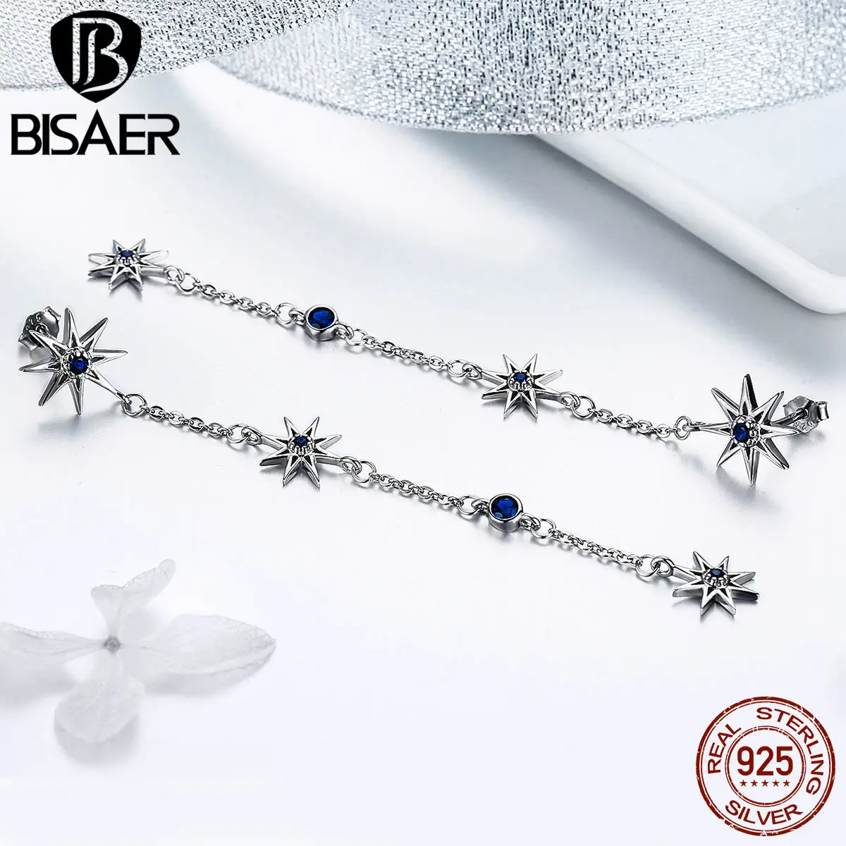BISAER, 925 пробы, серебряные, светящиеся звезды, висячие, длинная цепочка, женские серьги, модные, Звездные Серьги, Женские Ювелирные изделия, Brincos EFE060