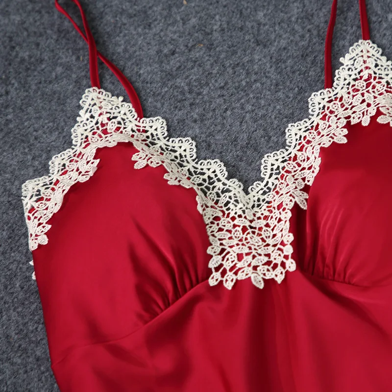 

Red Women Pajamas Set 5 Pieces Satin Sleepwear Pijama Silk Home Wear Home Clothing Lace Sleep Lounge Pyjama with Chest Pads 991