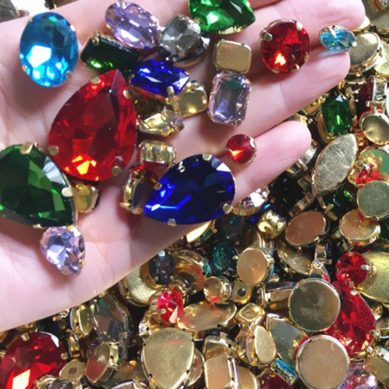 Ручная работа смешанные размеры и формы прозрачное стекло пришитое стразами с