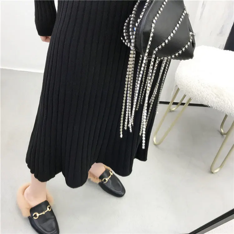 2019 Новое Осеннее женское трикотажное однотонное платье с круглым вырезом тонкий