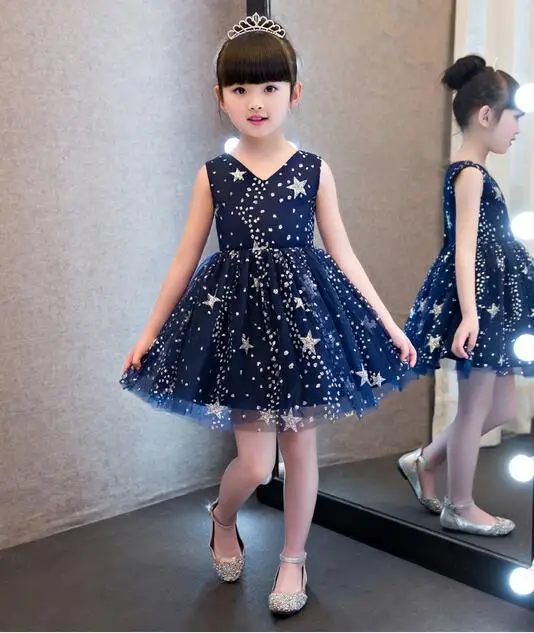 2017 Elegant V-neck Children Kids Baby Girls Dress Stars Sequins Tulle Bow Toddler Tutu One Piece Dress 3-14T