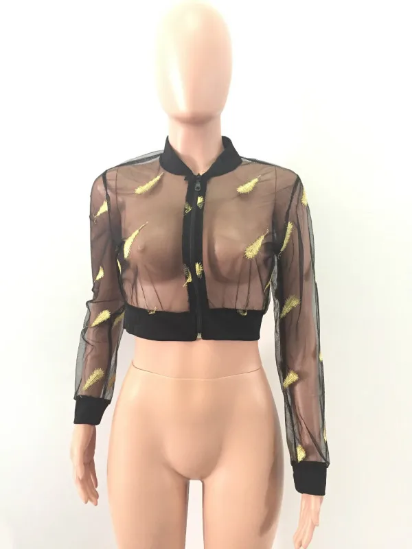 Модные перспектива вышивка Куртки перо узор осень короткое Сетчатое ночной клуб