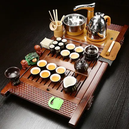 Chinese Style Retro Tea Set Tray Full Of Kung Fu Purple Sand Automatic Household Simple Four-in-one Solid Wood Table | Дом и сад