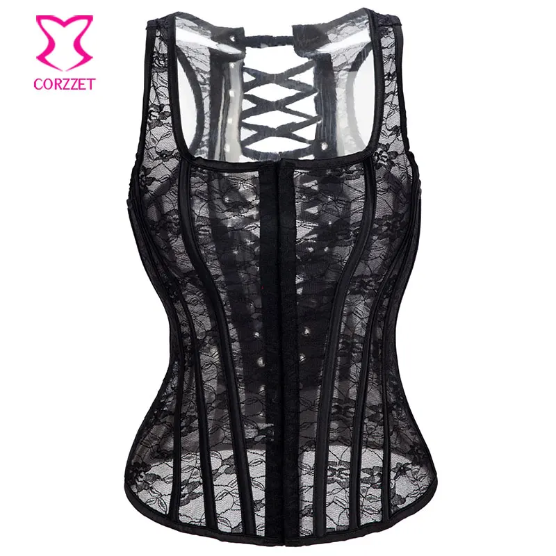 Черный прозрачный кружевной корсет-майка XS -XXL сексуальный готический корсет и