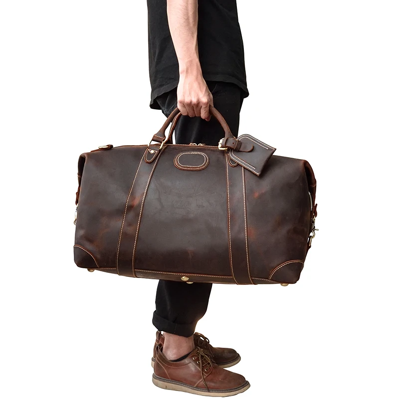 100% Genuine Crazy Horse Leather Men Travel Bags With Rivet Big HandBag For Male Cowhide Duffel Bag Mans Travelling Bag luxury images - 6