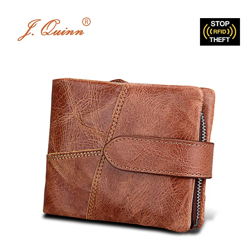 

J.Quinn Men's Purse Anti RFID Crazy Horse Leather Short Removable Zipper Coin Wallet 7 Cards SD SIM ID Mens Wallets Fashion 2018