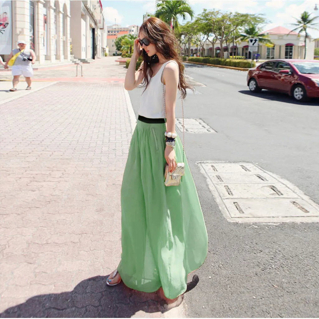 Stretch High Waist Maxi Skirt Chiffon Skirts For Women Plain Pleated Long Womens May | Женская одежда