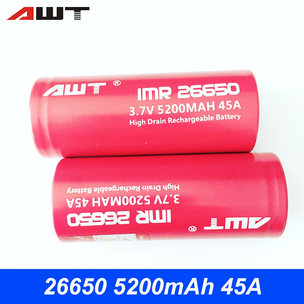 AWT 26650 батарея Vape Mech Mod 5200mAh 45A Высокая дренажная аккумуляторная батарея 3,7 V литий-ионные аккумуляторы для 26650 электронной сигареты мод T012