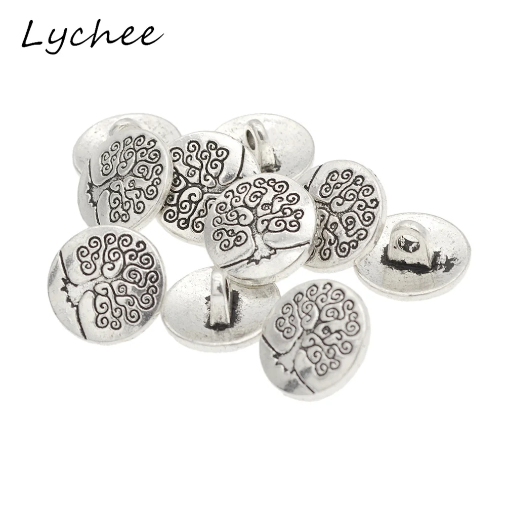 Lychee, 10 шт., античное серебро, металл, дерево жизни, резьба по дереву, хвостовик, пуговицы для рукоделия, рукоделия, шитья, одежды, джинсов