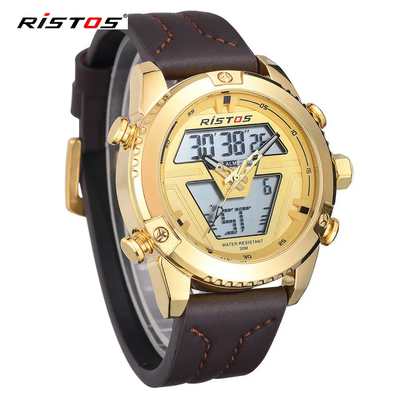 RISTOS двойной Displayy Для мужчин s часы кожаные спортивные Человек смотрит кварцевые