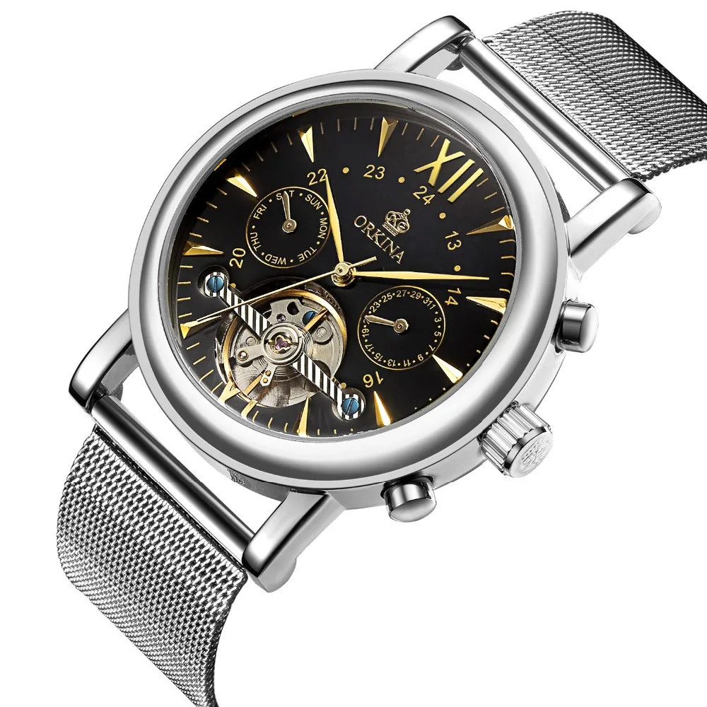Мужские часы ORKINA автоматические Золотые механические из нержавеющей стали с