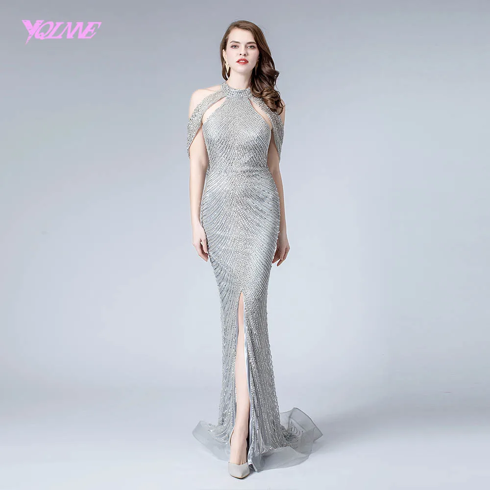 

YQLNNE 2019 Silver Crystals Beads Long Evening Dress Formal Evening Gown Mermaid Dresses