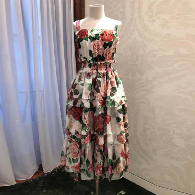 

New Summer vacation retro rose prints waist Sling Dress Chiffon breast dress cake