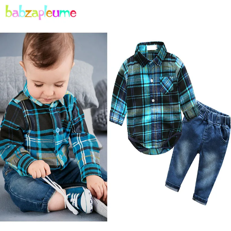 2Piece/Spring Autumn Newborn Outfit Baby Clothes Gentleman Plaid Rompers+Jeans Fashion Boys Jumpsuit Infant Clothing Sets BC1328