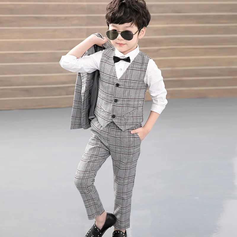 plaid Комплект из 3 предметов для мальчиков, весна-осень, деловой стиль, костюмы, Детские вечерние костюмы в британском стиле, детский Блейзер, жилет, штаны, комплекты одежды - Цвет: plaid