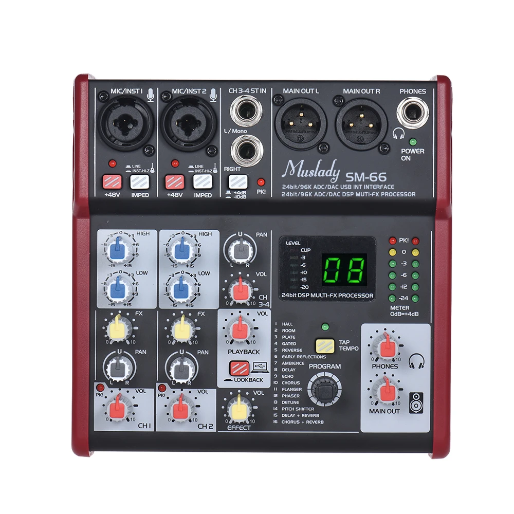 

SM-66 Portable 4-Channel Sound Card Mixing Console Mixer Built-in 16 Effects with USB Audio Interface Supports 5V Power Bank