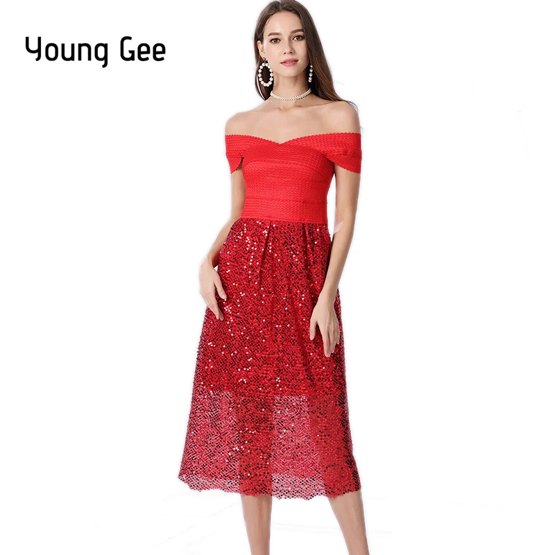 

Young Gee Sexy Slash Neck Bandage Blingbling Sequined Dress Women Summer New Party Red Beige Black High Stretchy Midi Dresses