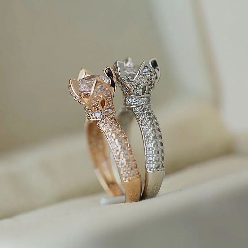 Luxury Female Snowflake Ring Fashion Yellow Rose Gold Color with Big Crystal Zircon Stone Vintage Wedding Rings For Women | Украшения и
