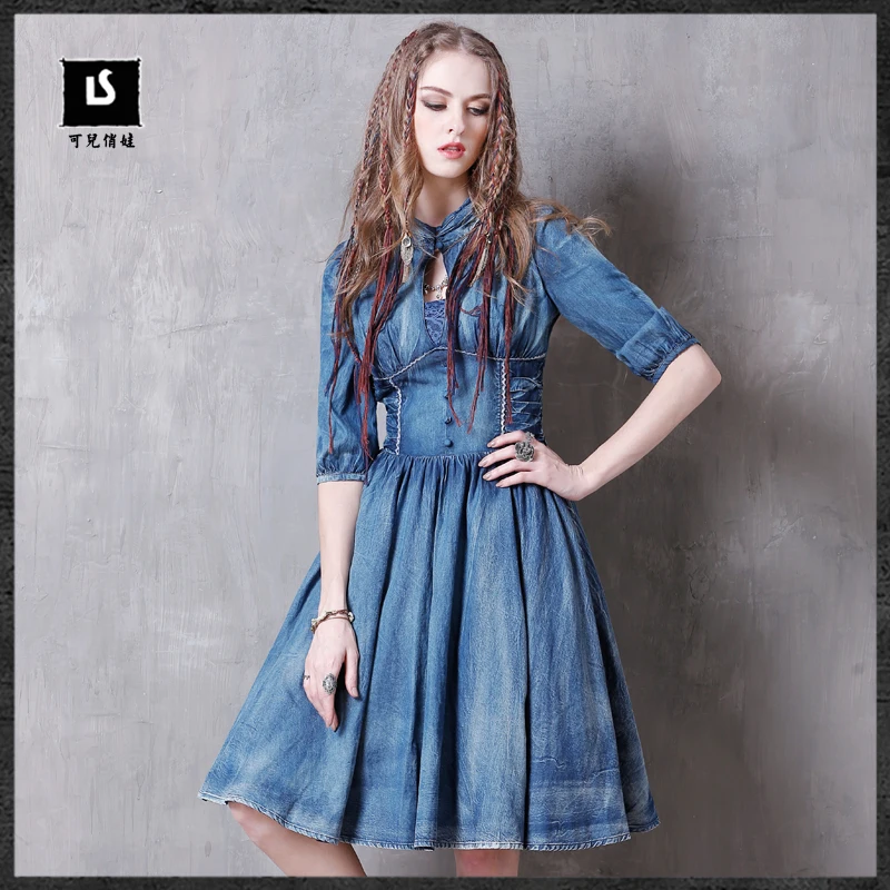 Женское джинсовое платье в стиле бохо винтажное этническом с длинным рукавом и