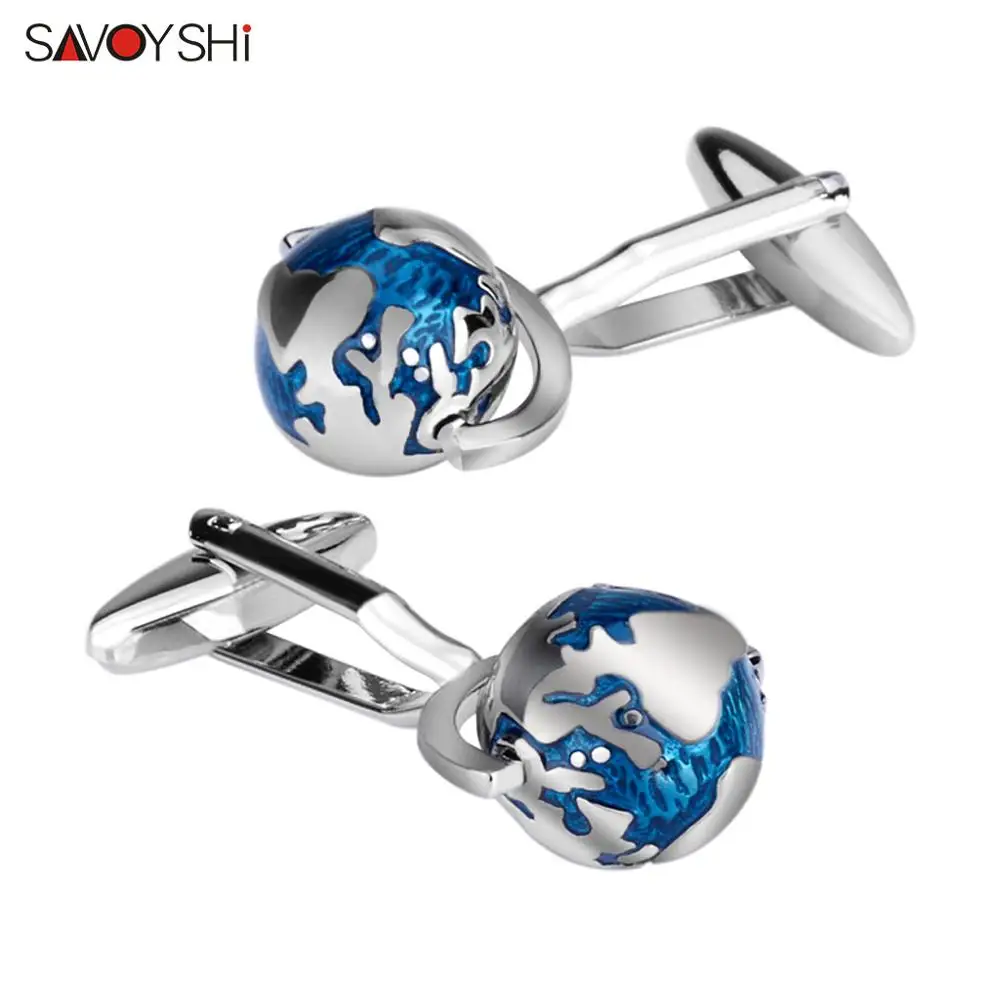 Tellurion Cufflinks for Mens Shirt Cuff buttons High Quality Blue Enamel Globe Cuff links Fashion SAVOYSHI Brand Jewelry Design