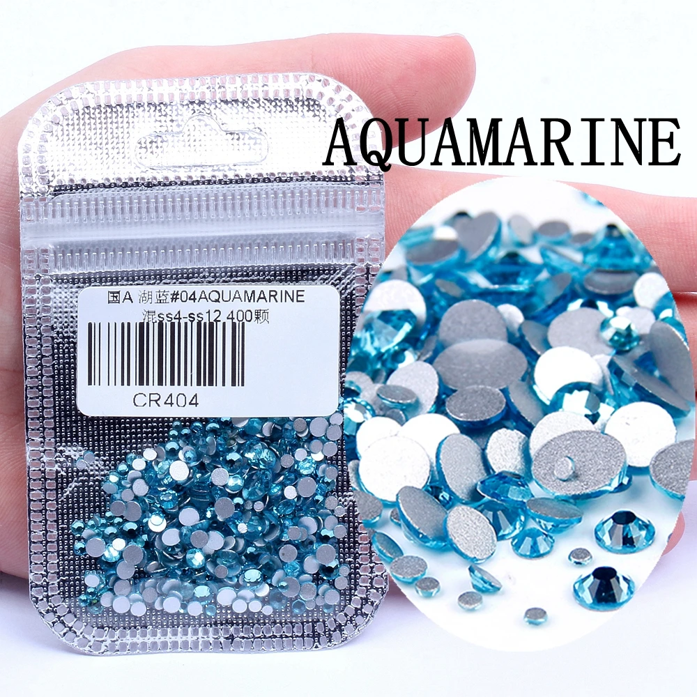 04 AQUAMARINE 400 шт, 60 цветов, разные размеры, ss4-ss12, для дизайна ногтей, не горячей фиксации, хрустальные стразы, сделай сам, плоские с оборота, 3D стеклянные украшения для ногтей, стразы - Цвет: 04 AQUAMARINE