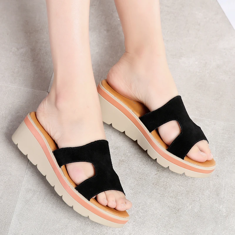 OUKAHUI Fashion Genuine Leather Thick Soled Sandals Women Shoes Summer Wedges Cow Suede Increased 6cm Beach Slippers New | Обувь