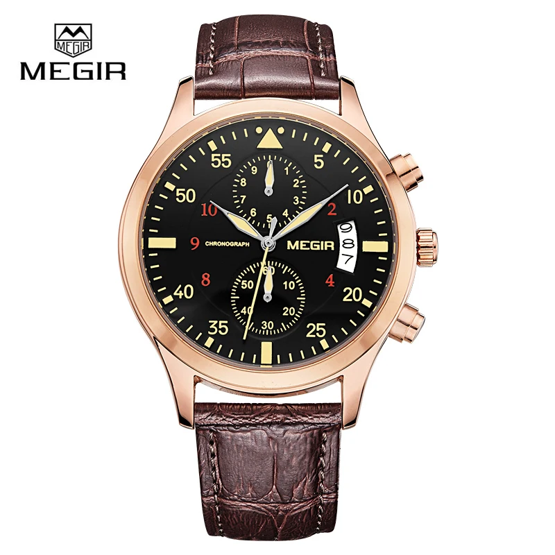 Мужские часы MEGIR Pilot с хронографом спортивные кожаные золотые наручные армейские